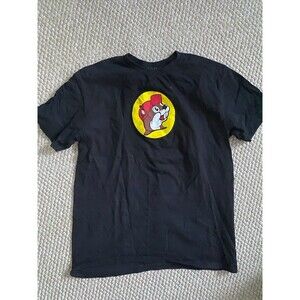Men's Black Buc-ees Tshirt Beaver Mascot Yellow Circle Size Large